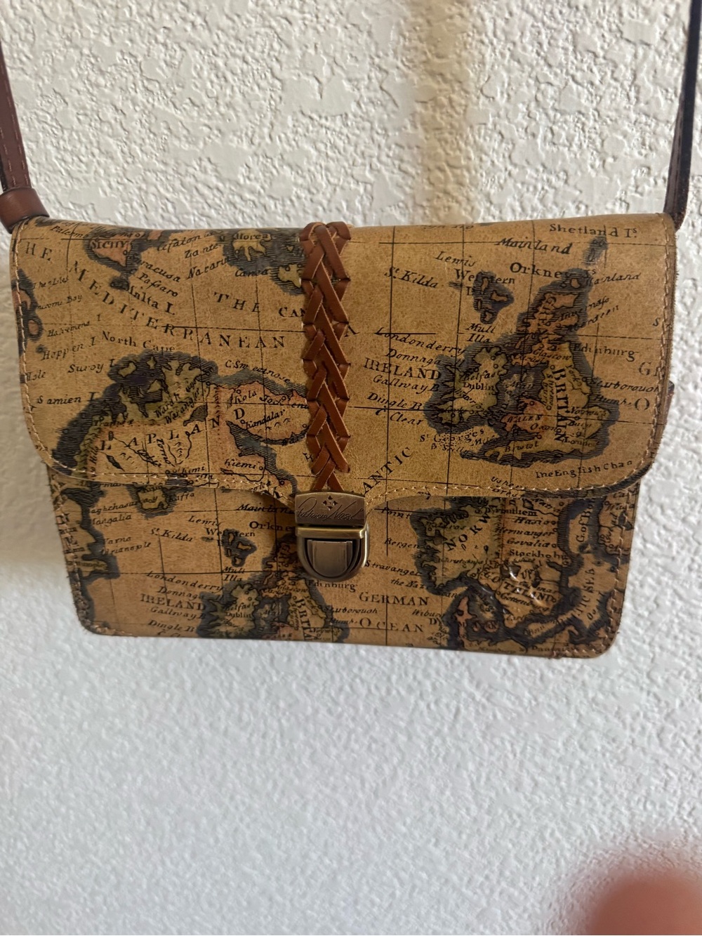 Patricia Nash Braided Leather Map Print Crossbody in Tan and Brown